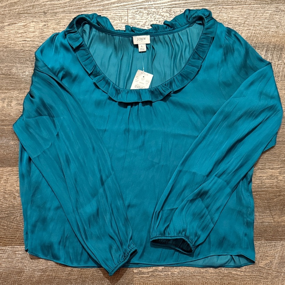 J. Crew NWT Ruffle Neck Blouse in Vivid Jade